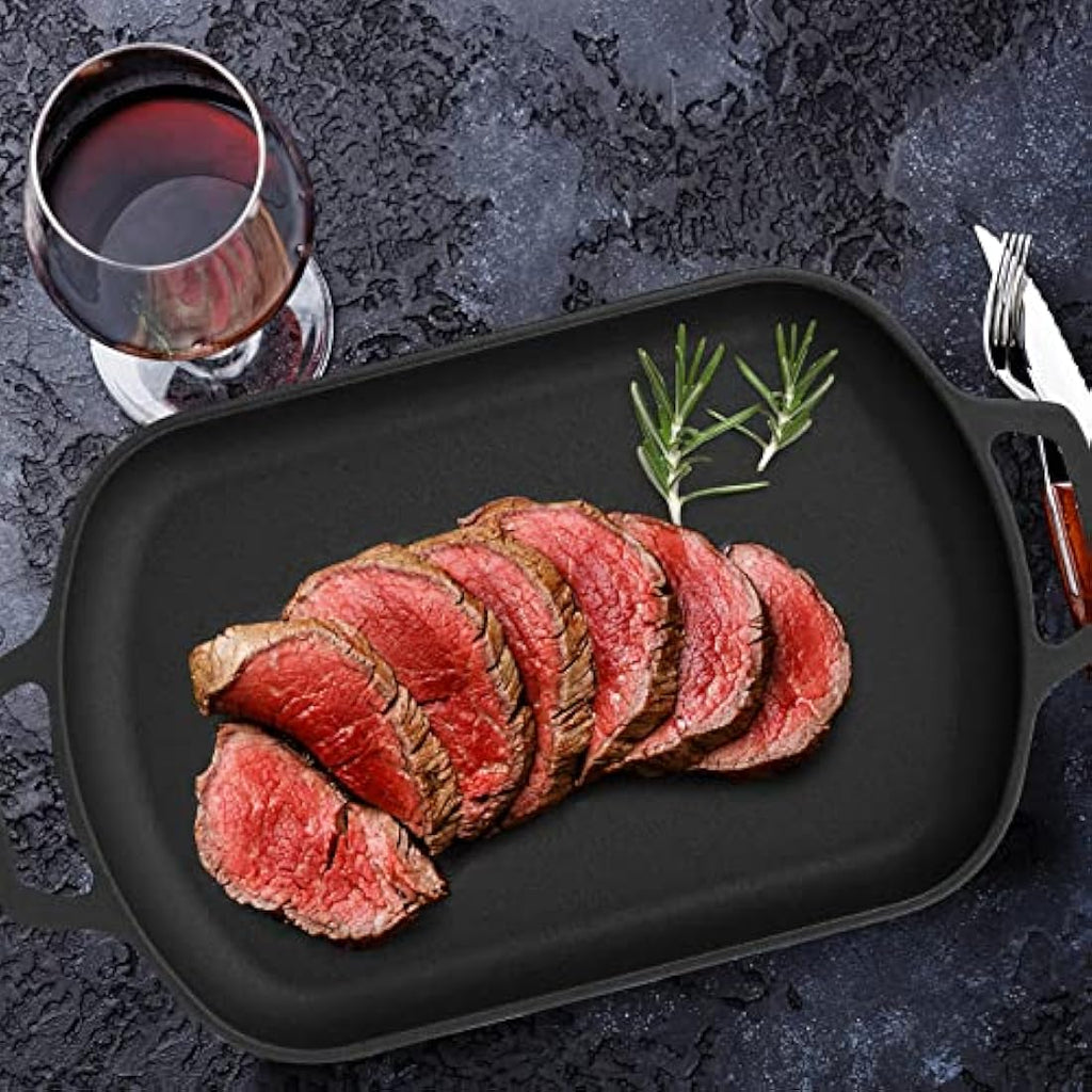 Mimiuo Cast Iron Griddle Pan – Rectangular Sizzler with Wood Handle