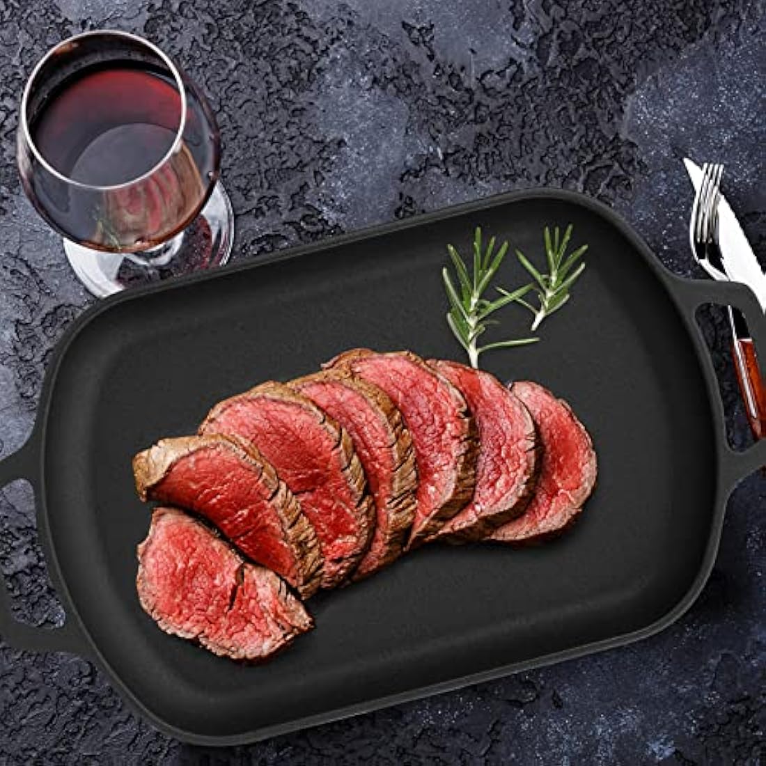 Mimiuo Cast Iron Griddle Pan – Rectangular Sizzler with Wood Handle