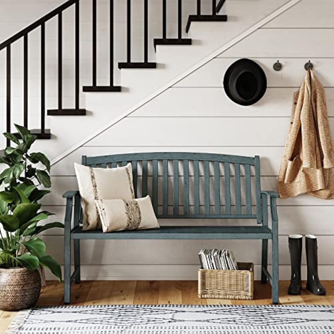 Outdoor Garden Bench – Rust-Resistant Metal Patio Seat, Gray Blue