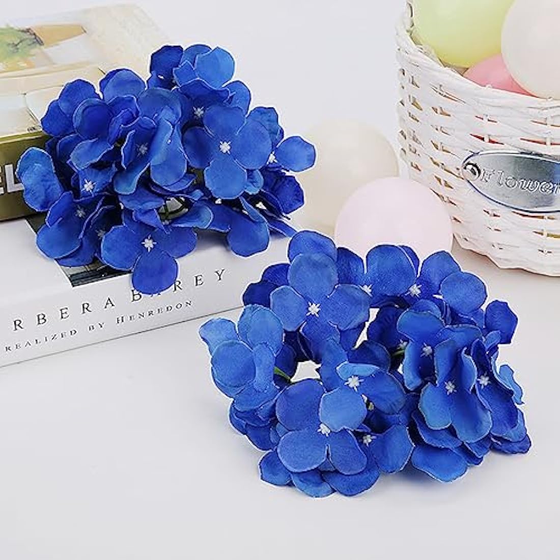 FagusHome 30 Pcs Silk Hydrangea Heads with Stems - Dark Blue Flowers