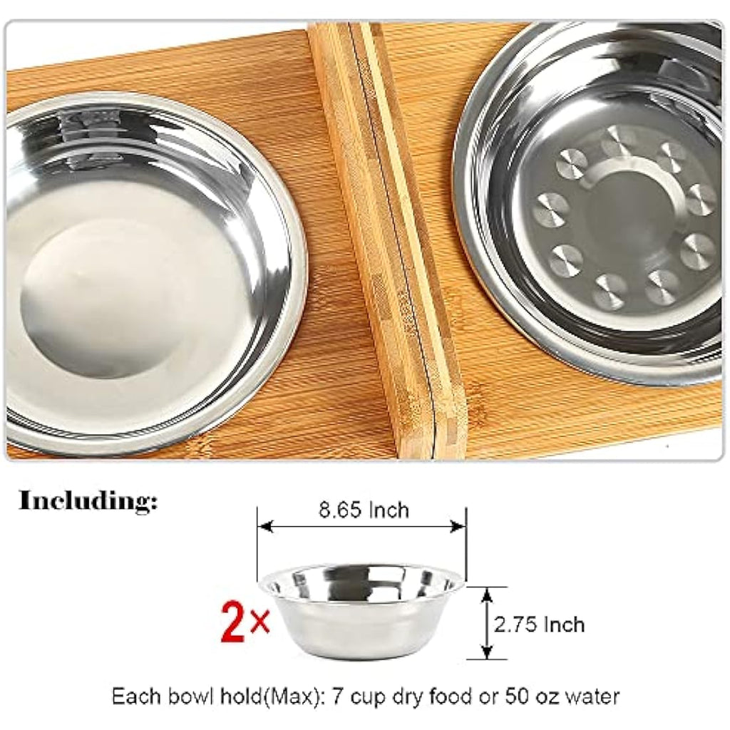 FOREYY Raised Pet Bowls - Adjustable Bamboo Elevated Feeder with 2 Bowls