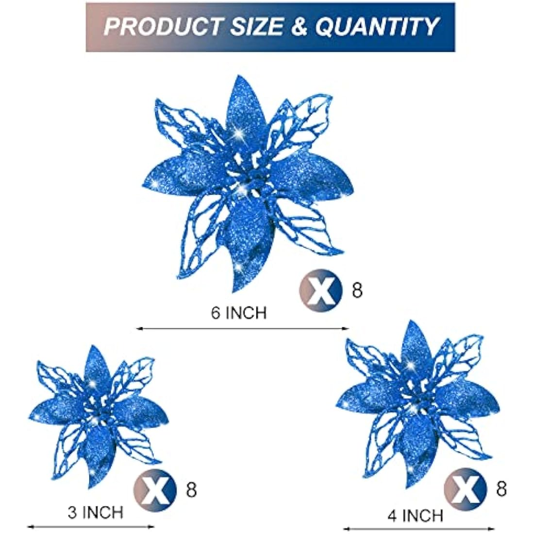 Blue Glitter Artificial Poinsettia Flowers - 24 Piece Set