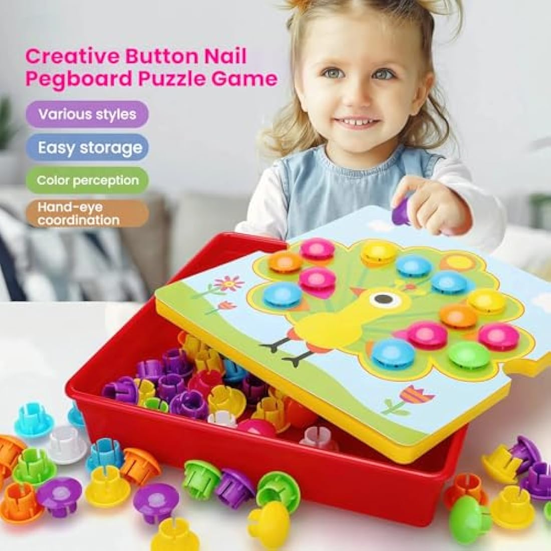 TINOTEEN Button Art Pegboard Puzzle - Toddler Color Learning Toy