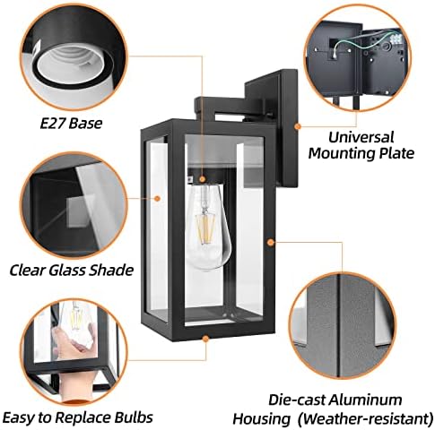 BRIMMEL Outdoor Wall Lights – Matte Black Aluminum Porch Lantern, 2-Pack