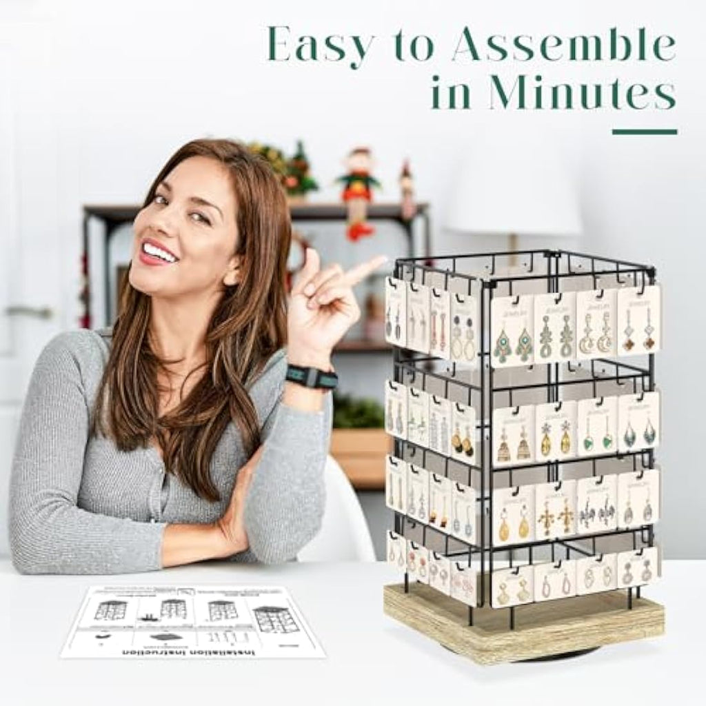 EsLuker.ly Rotating Earring Display Stand | 64 Hook Jewelry Rack with Wood Base