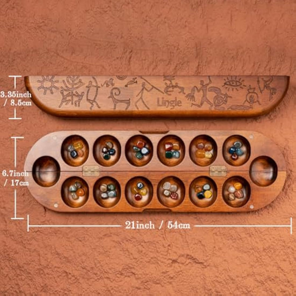Jolof Store Wooden Mancala Set | Foldable Board with Natural Gemstones