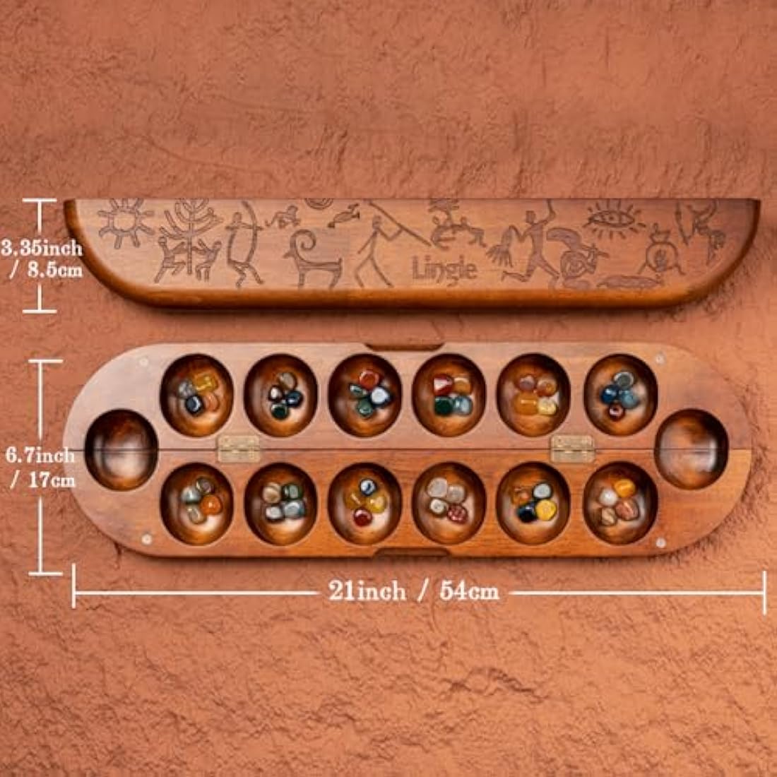Jolof Store Wooden Mancala Set | Foldable Board with Natural Gemstones