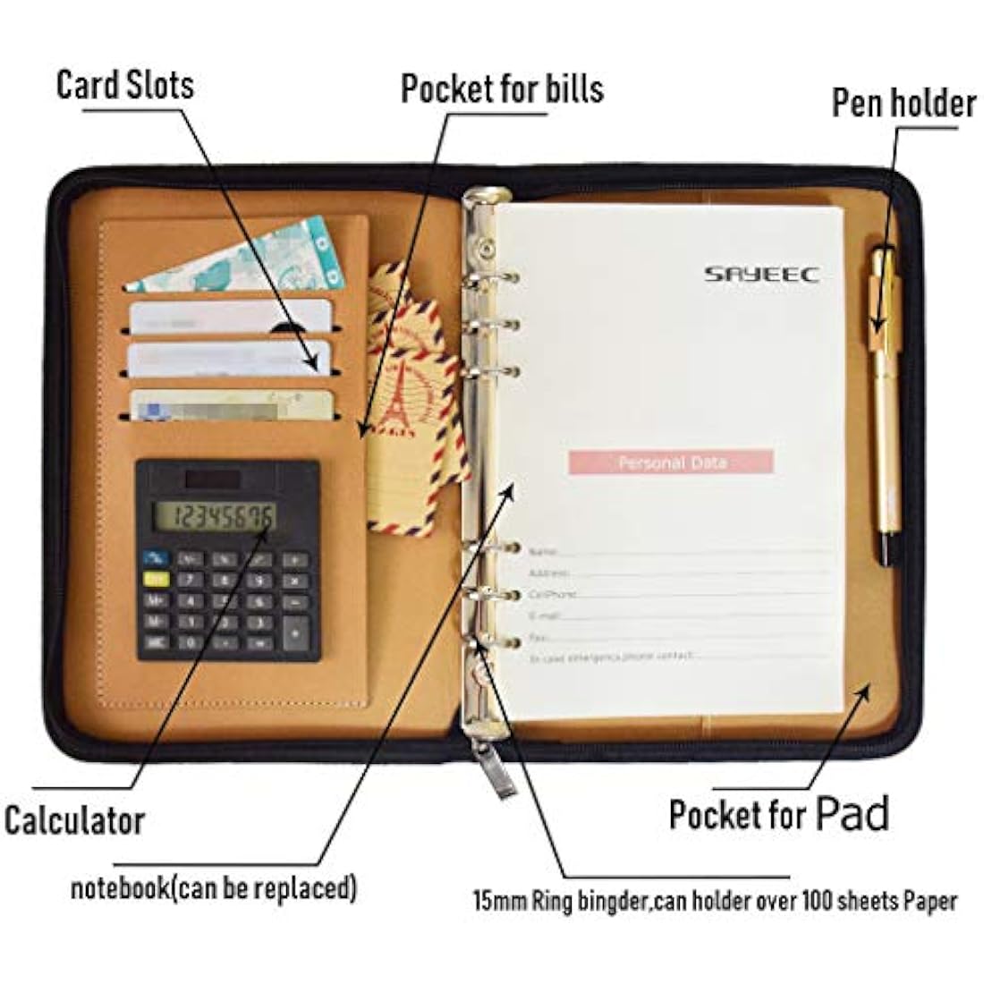 SAYEEC A5 PU Leather Executive Portfolio – Refillable Business Notebook