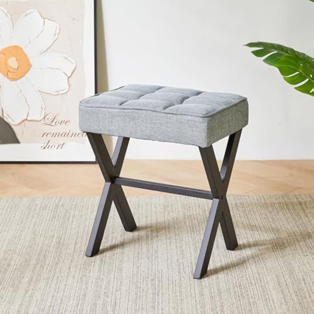 IBUYKE Square Linen Vanity Stool – Blue Gray Ottoman with X-Legs