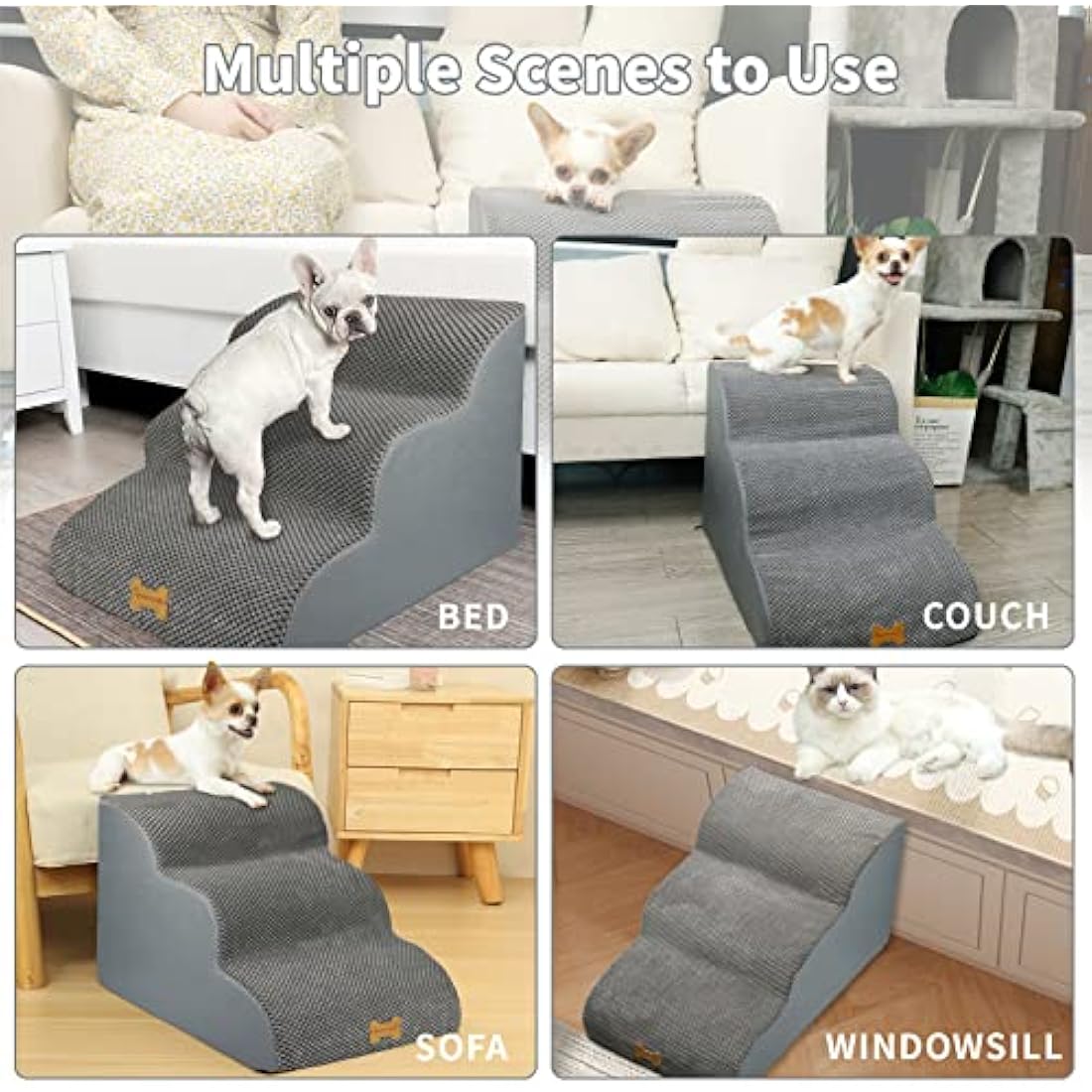 Nepfaivy 3-Step Foam Dog Stairs – Non-Slip Pet Ramp for High Beds