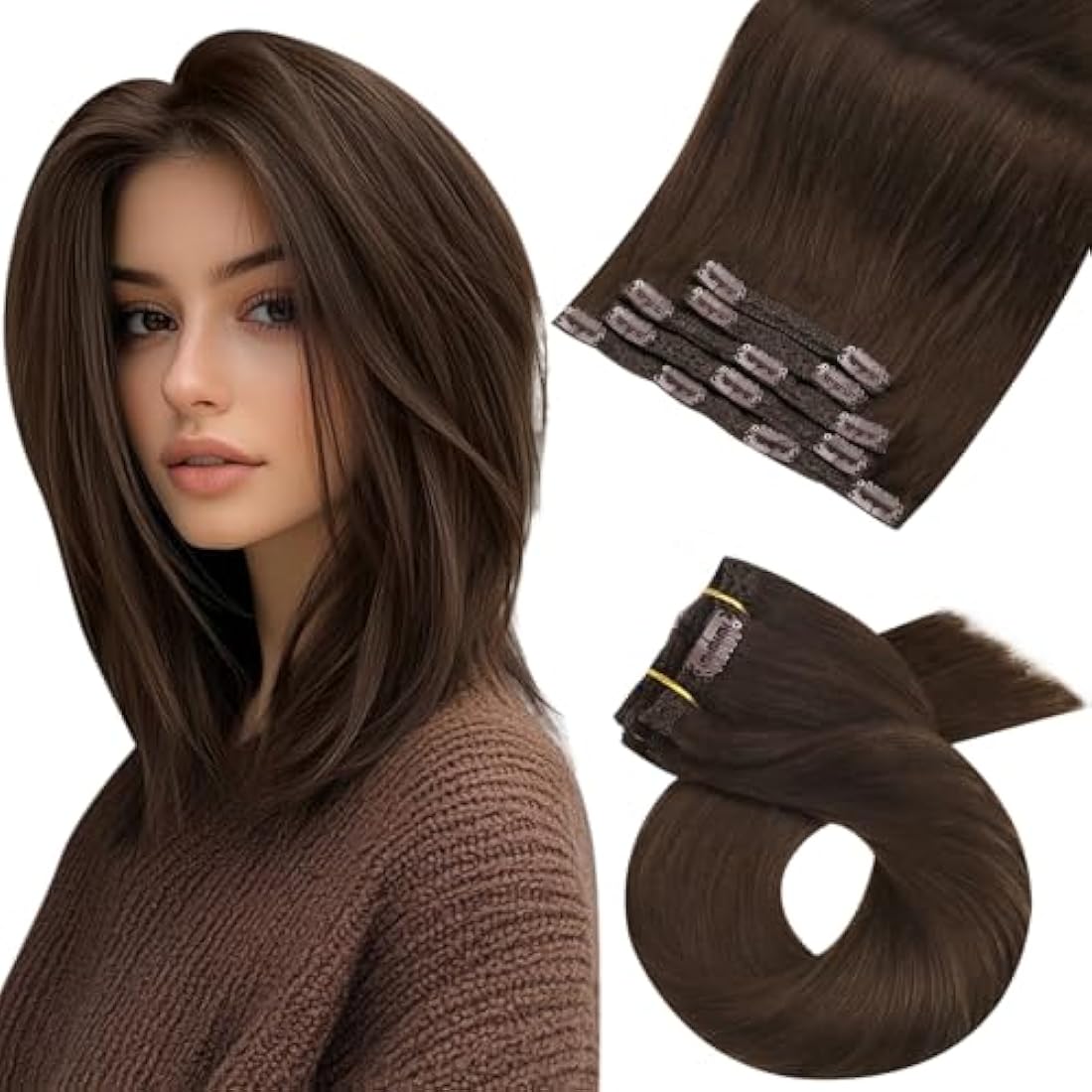 Moresoo Clip in Human Hair Extensions – 14 Inch Dark Brown Remy Hair 80g