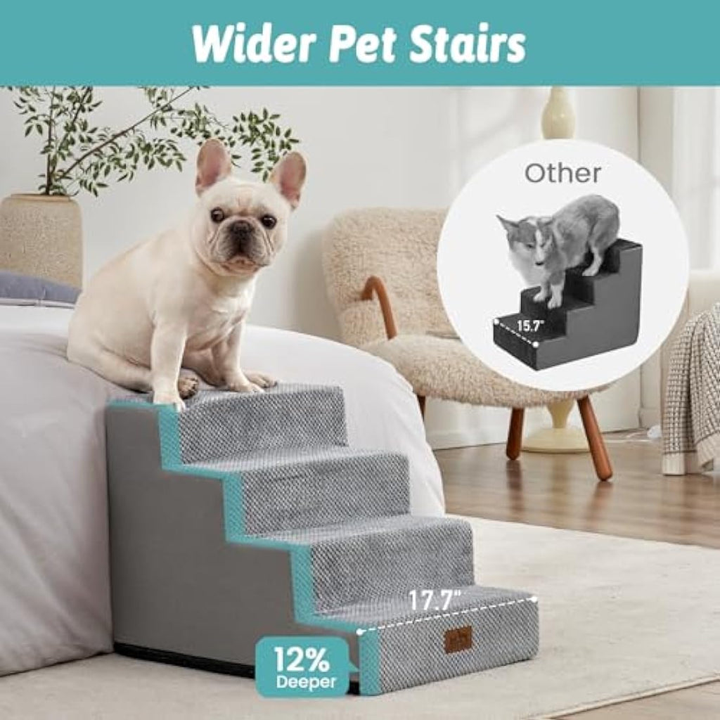 COZY KISS 4-Tier Foam Dog Stairs | Non-Slip Wide Pet Steps for High Beds