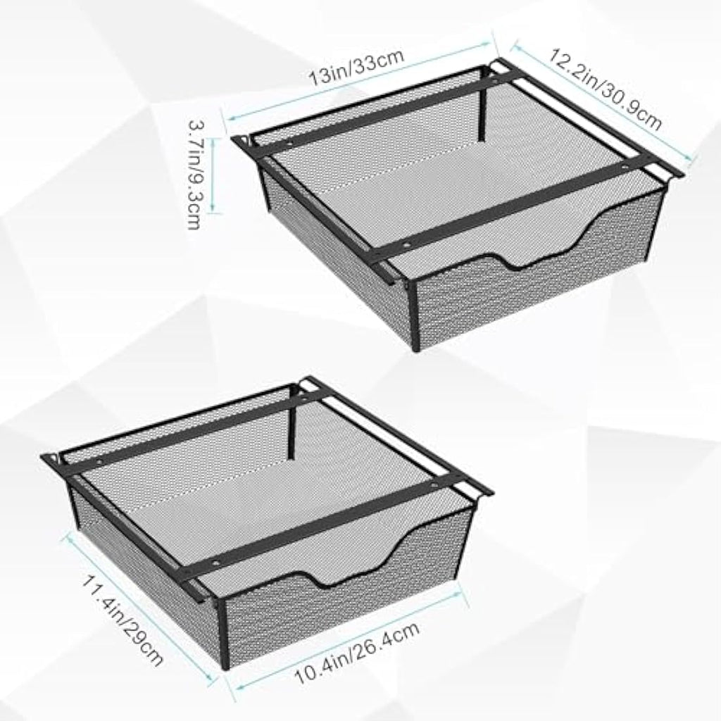 2-Pack Under Desk Pull Out Metal Wire Mesh Storage Baskets