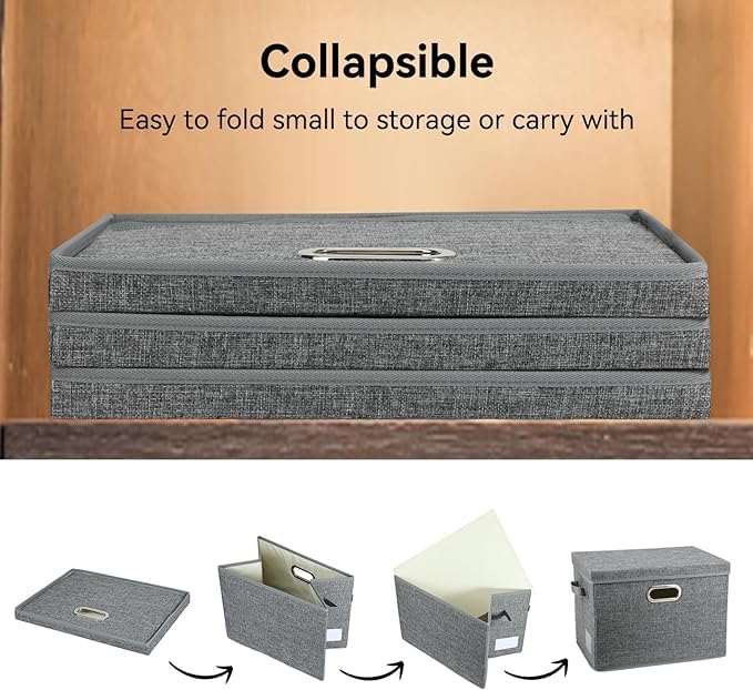 Voova 3-Pack Large Linen Fabric Storage Bins with Lids – Stackable Organizers