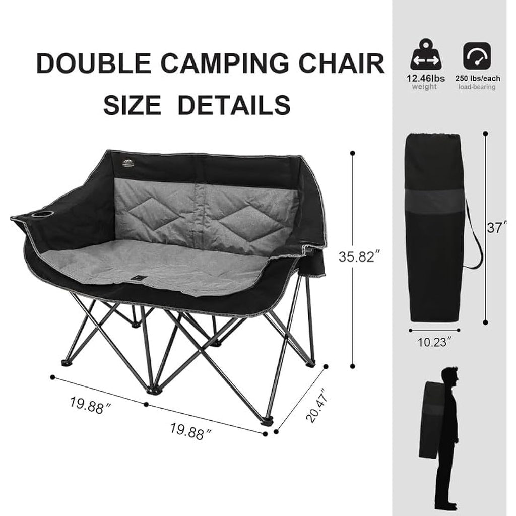 LANMOUNTAIN Folding Camping Loveseat – Heavy Duty Double Chair, Black