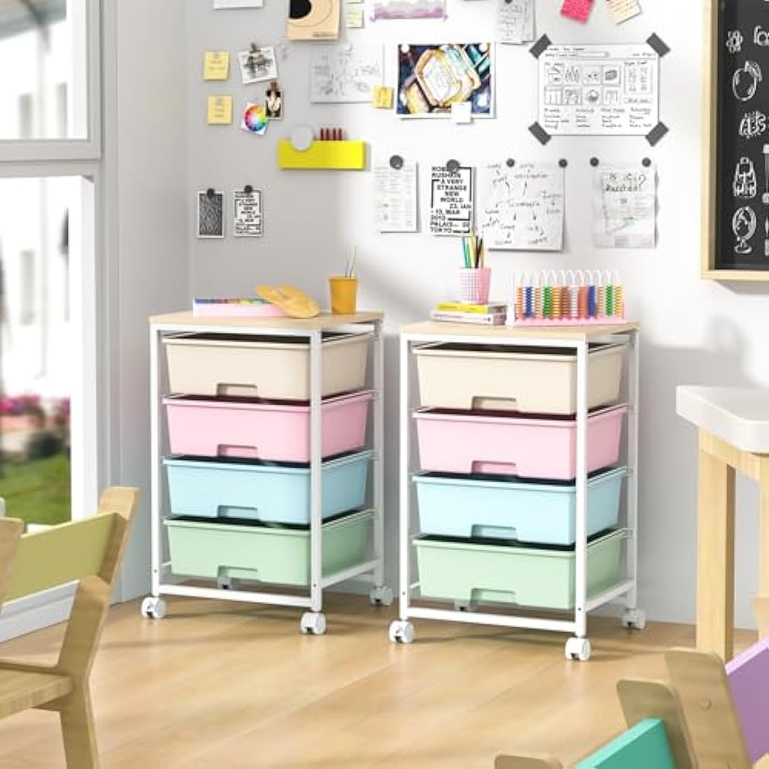 SYKIARIOL 4-Drawer Rolling Storage Cart | Mobile Utility Trolley with Wood Top