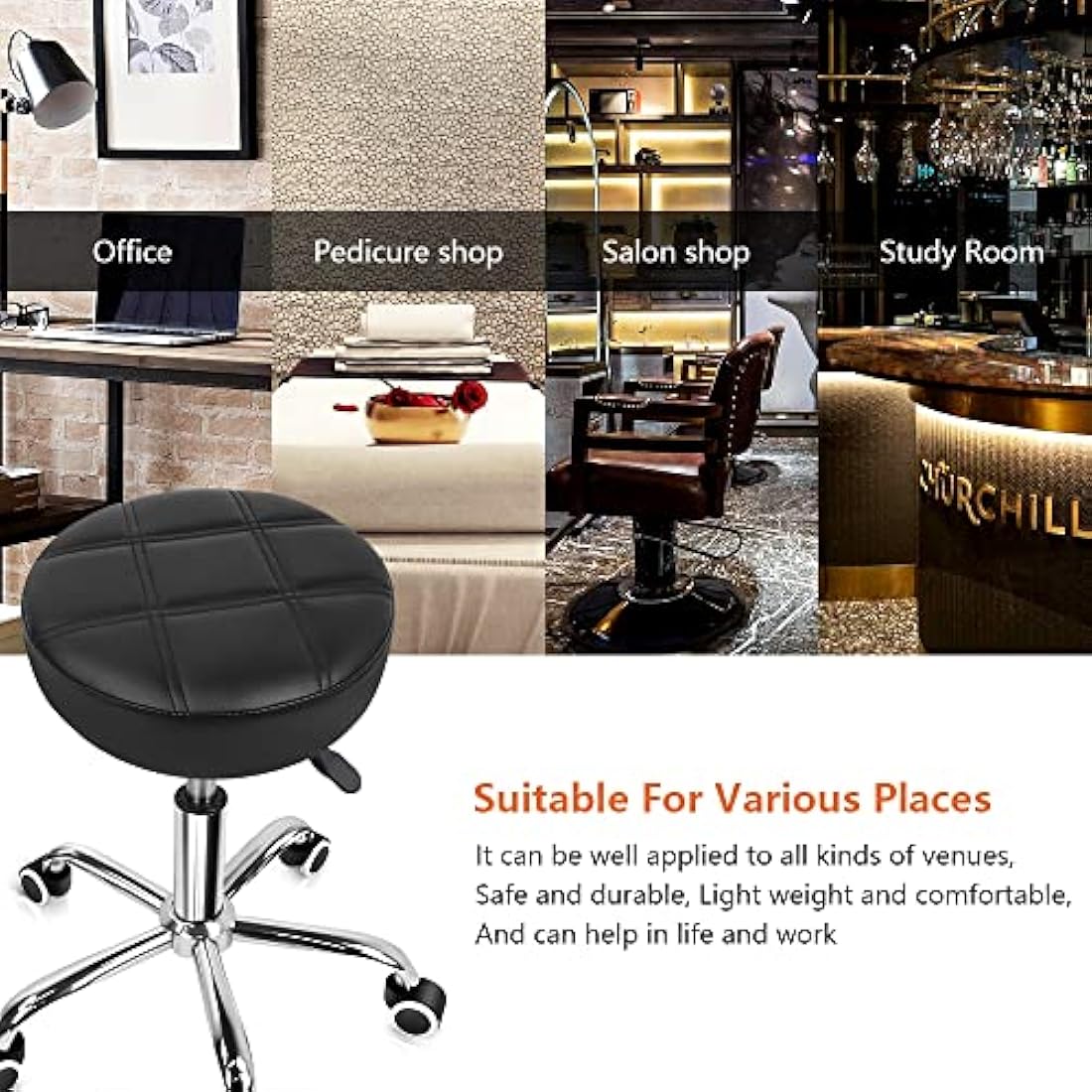KKTONER Round Rolling Stool – Adjustable PU Leather Swivel Salon Chair