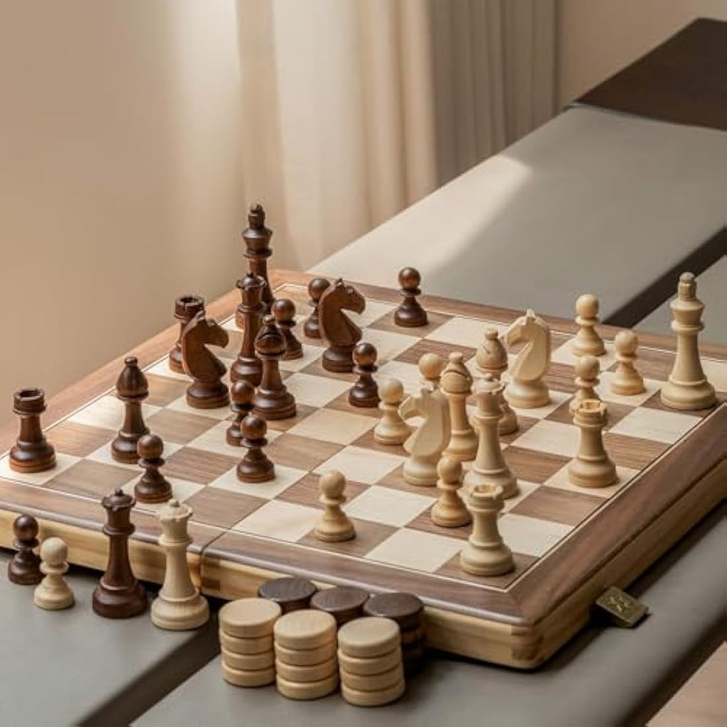 A&A 15" Magnetic Wooden Chess Set | Folding Board with Staunton Pieces