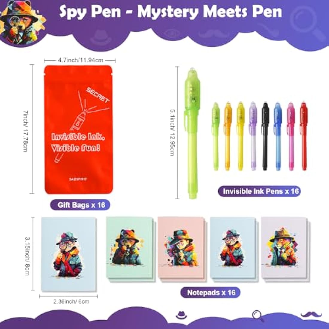 DazSpirit 16 Pack Invisible Ink Spy Pens with UV Light and Notebooks