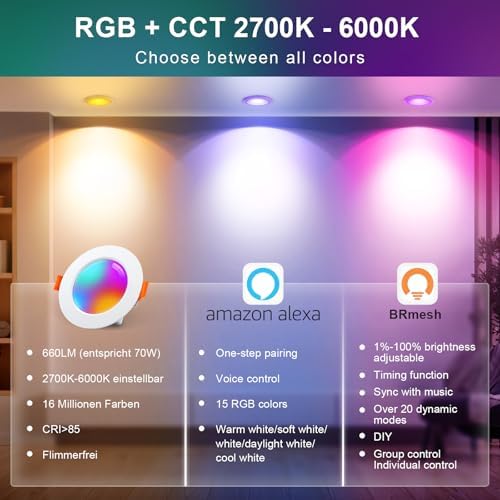 VARICART Smart RGB LED Downlights | IP44 Bathroom Alexa Spotlights | 6 Pcs