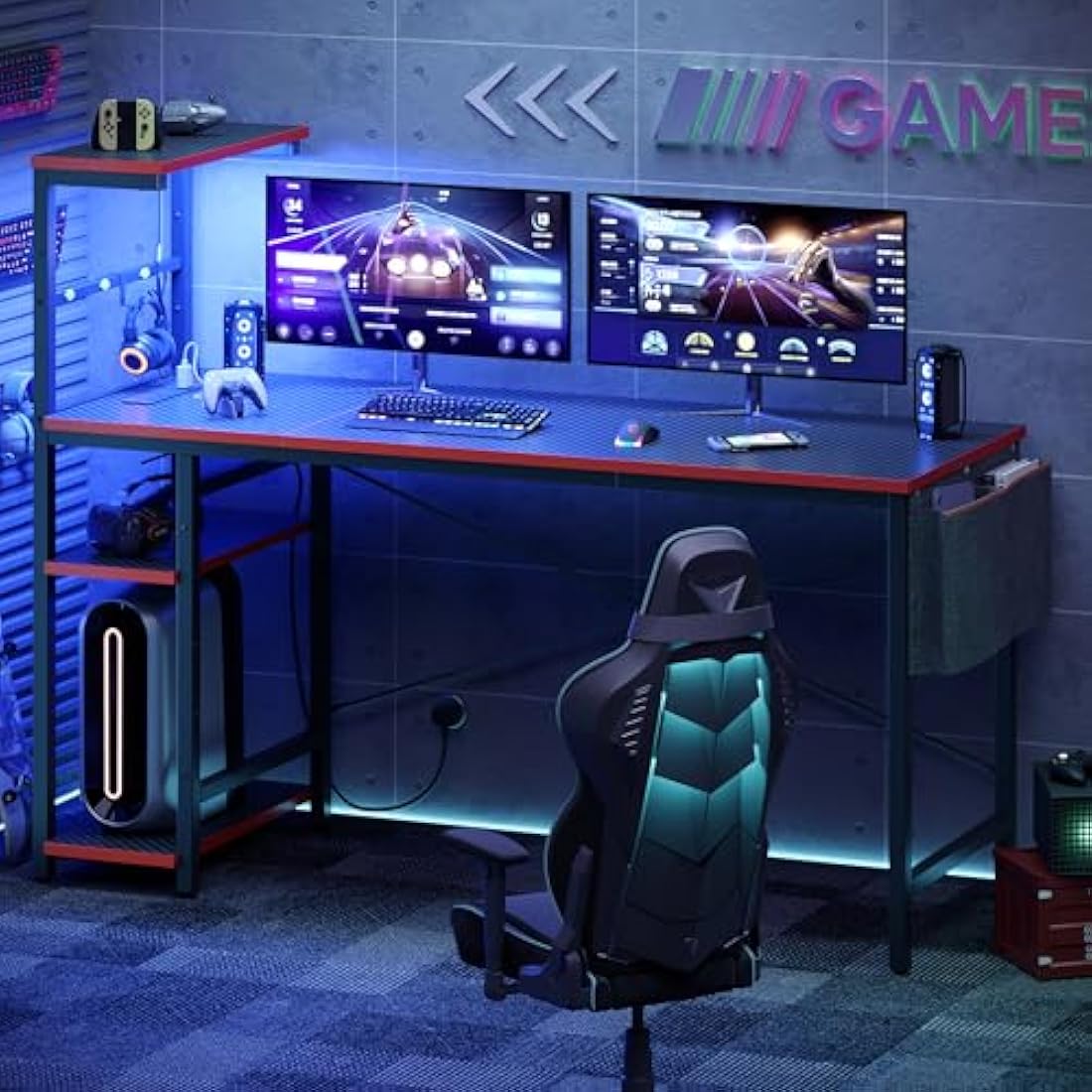 Bestier 155CM Corner Desk with LED Lights and Power Outlets