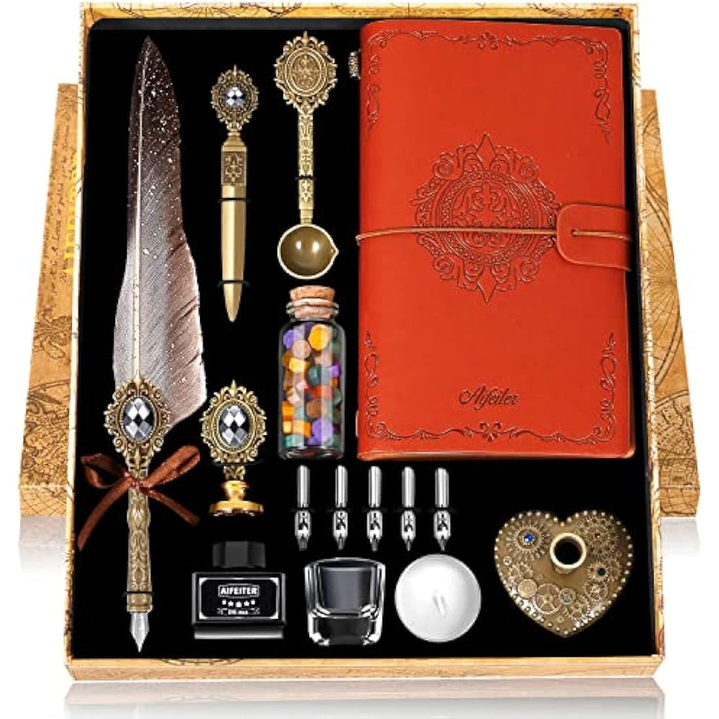 MPRINCE Feather Quill Pen and Ink Set with Notebook & Wax Seal - Grey