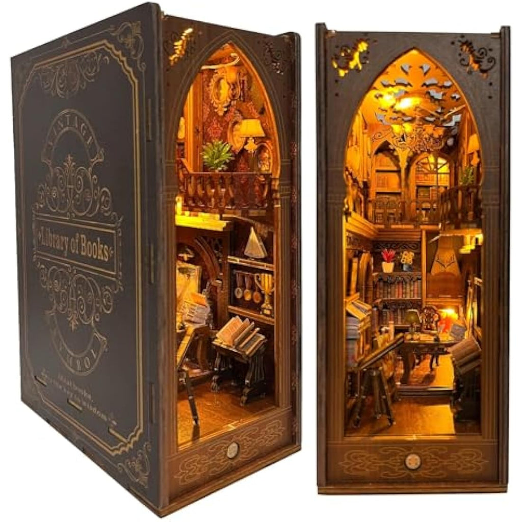 CRIOLPO Library Book Nook Kit – DIY 3D Wooden Puzzle with Sensor LED Light