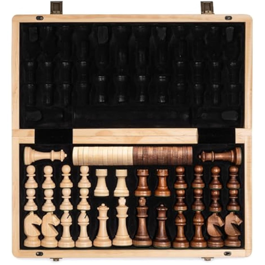 A&A 15" Wooden Folding Chess and Checkers Set | 3" Staunton Pieces