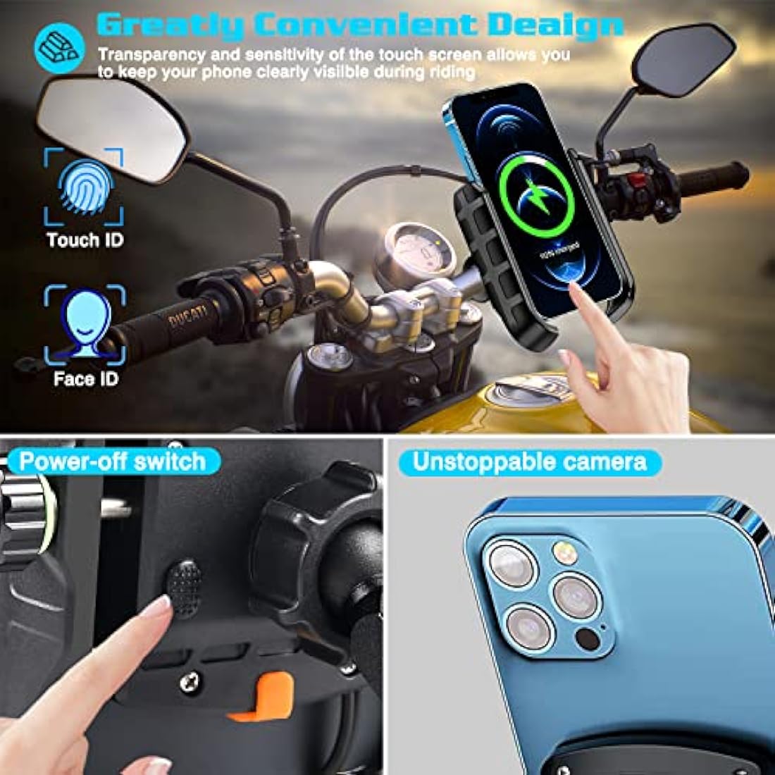 iMESTOU Motorcycle Phone Mount | Wireless & USB-C Fast Charger | 4-7"