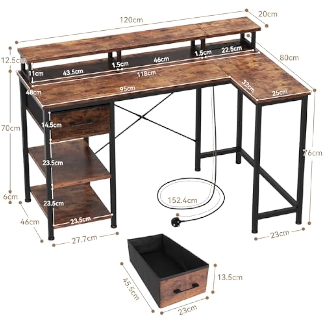Dripex L-Shaped Computer Desk with Power Outlets, Monitor Stand & Drawer