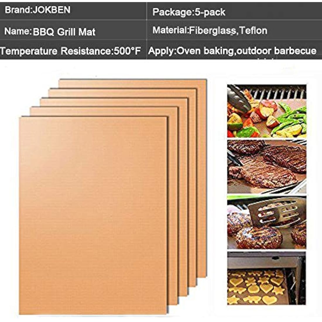 JOKBEN Copper Grill Mat 5-Pack | Heavy Duty Non-Stick Reusable BBQ Mats