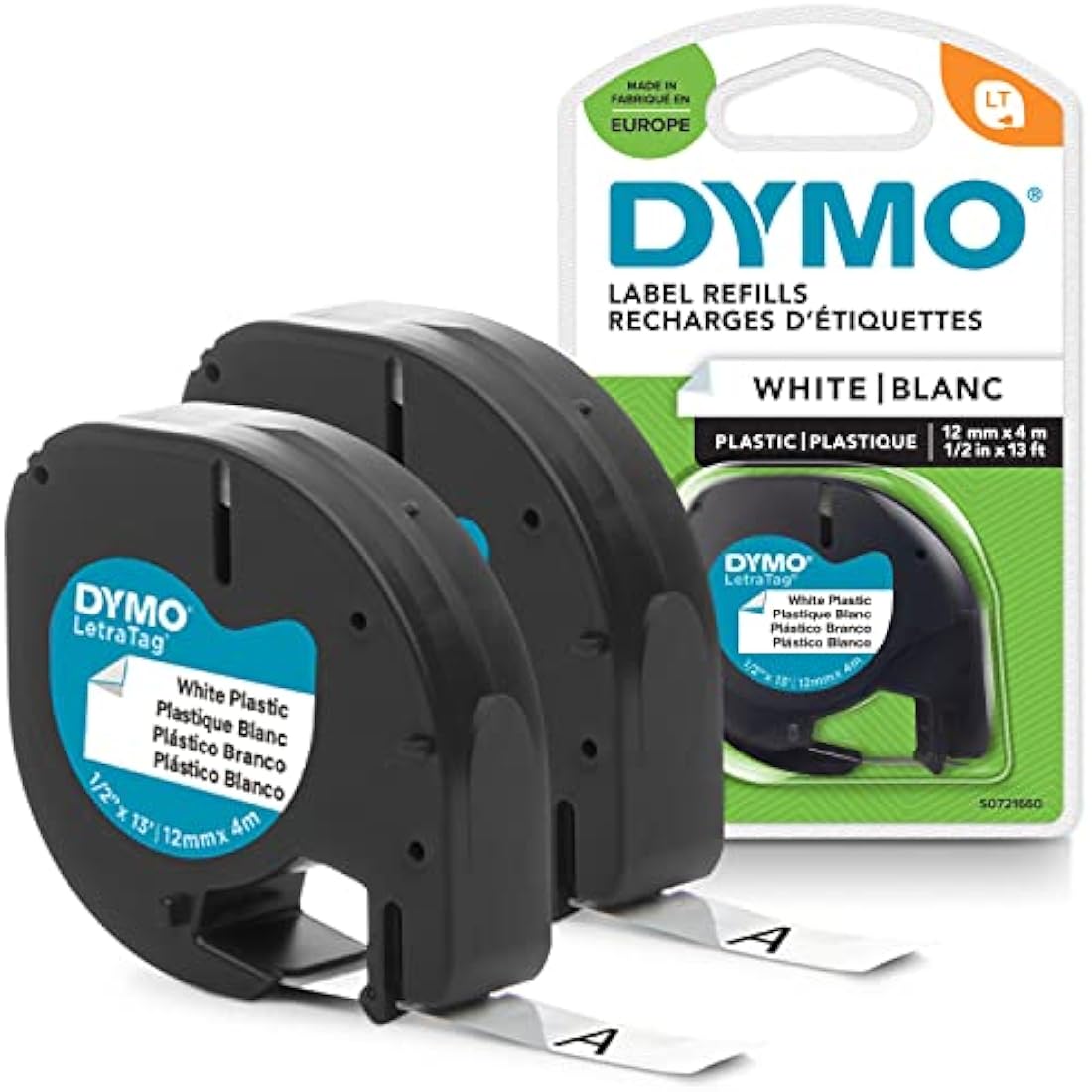 DYMO LetraTag Plastic Labels | 12mm x 4m Black on White Tape | 2 Count
