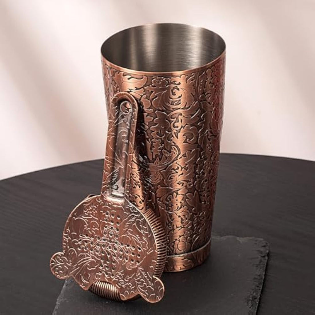 SKY FISH 18-Piece Boston Cocktail Shaker Set | 3D Embossed Antique Copper
