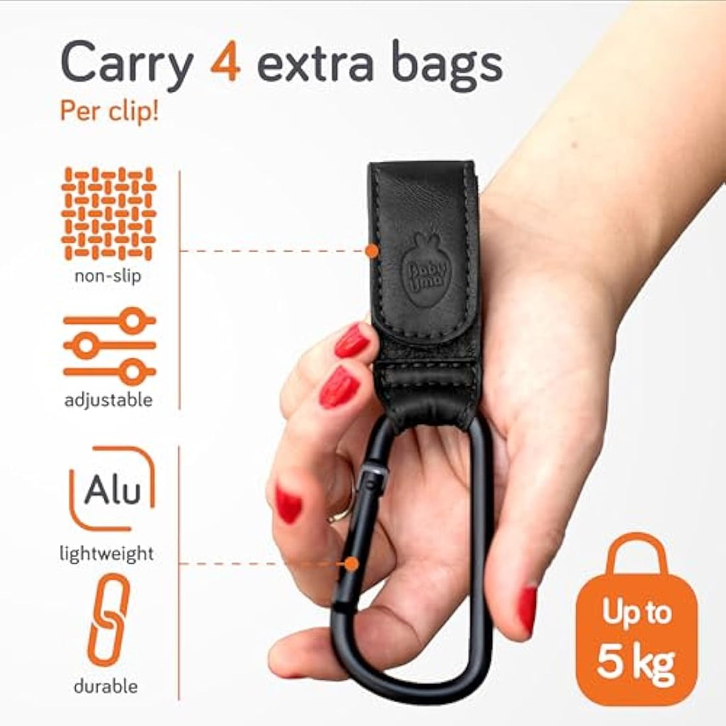 Baby Uma Leather Buggy Clips – Universal Pram Hooks (2 Pack) | Black
