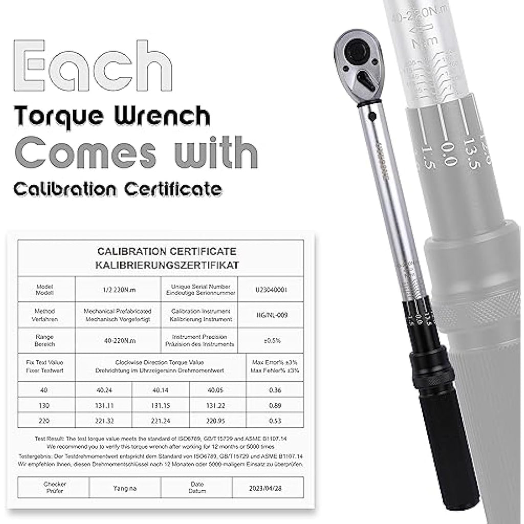 UYECOVE 1/2" Click Torque Wrench, 40-220NM Dual-Direction with Case
