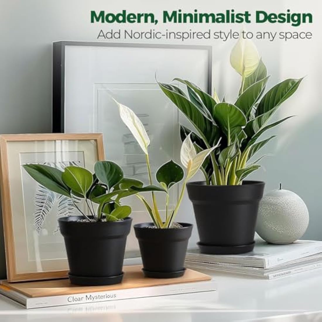 T4U Plastic Plant Pots with Saucers - 6-Pack Modern Indoor Planters, 16CM