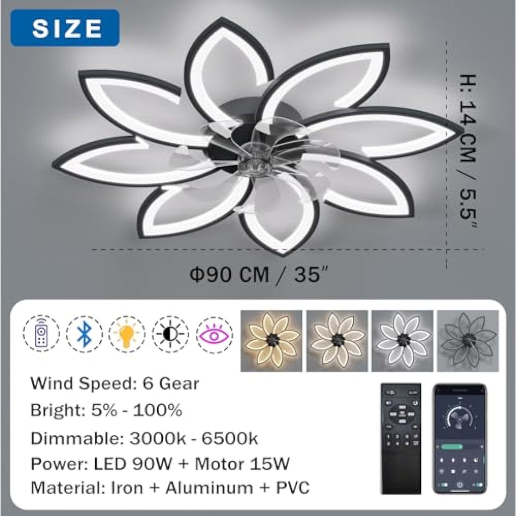 YUNZI Modern Petal Ceiling Fan with Dimmable LED Light and Remote, 90CM