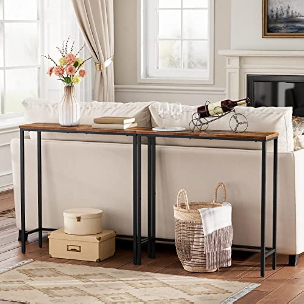 HOOBRO Slim Console Table – Rustic Brown Industrial Metal Sofa Table