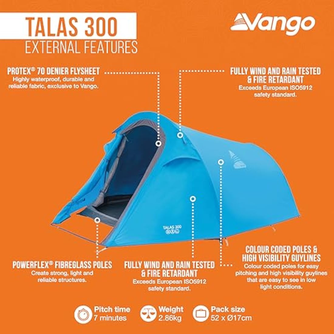 Vango Talas 300 Tunnel Tent | 3 Person Waterproof Camping Tent - Blue