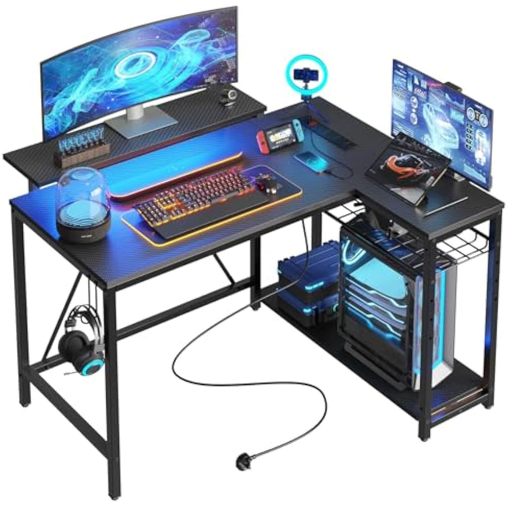 L-Shaped Gaming Desk – Carbon Fiber Corner Desk with RGB LED