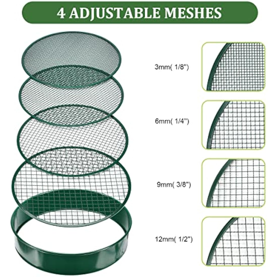johgee Metal Garden Sieve - 4 Mesh Sizes Soil Sifter with Tools