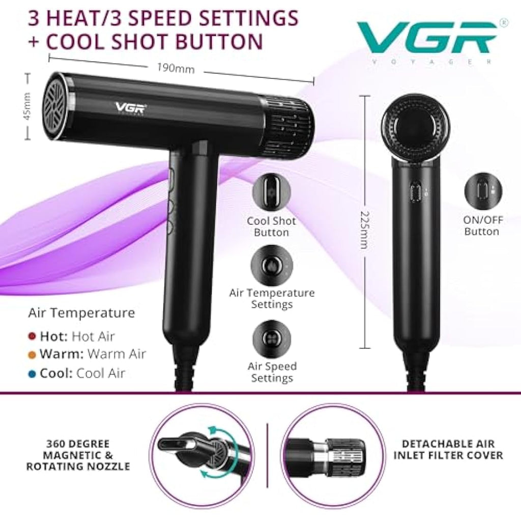 VGR Professional Ionic Hair Dryer – 11000 RPM Brushless Motor