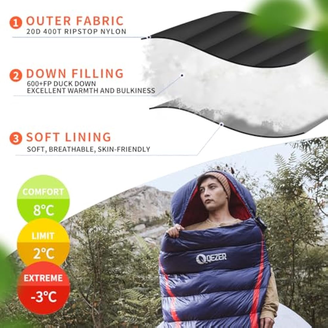 QEZER Down Sleeping Bag | Lightweight 4-Season Rectangular Nylon Bag