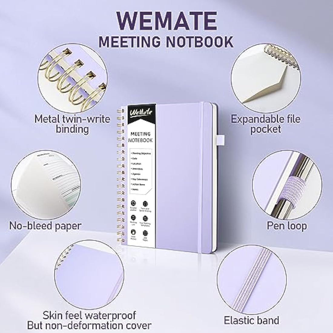 WEMATE Meeting Notebook – B5 PU Leather Business Planner, Light Purple