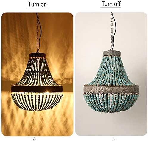 Wood Bead Chandelier – Gray Blue Boho Pendant Light Fixture