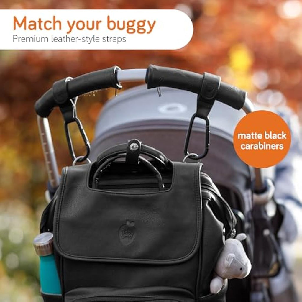 Baby Uma Leather Buggy Clips – Universal Pram Hooks (2 Pack) | Black