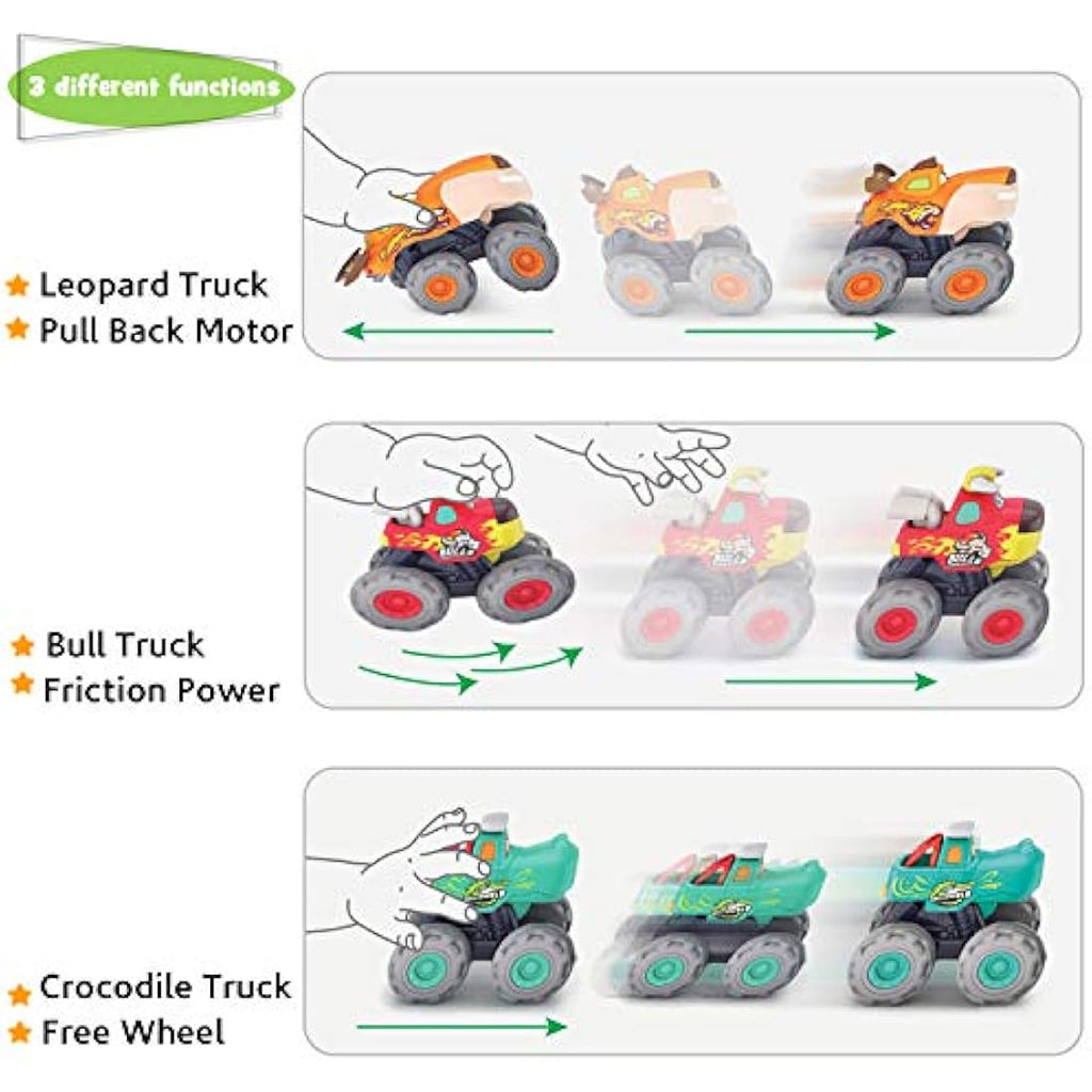 MOONTOY Monster Truck Toy Set - 3-Piece Friction Pull Back Cars for Toddlers