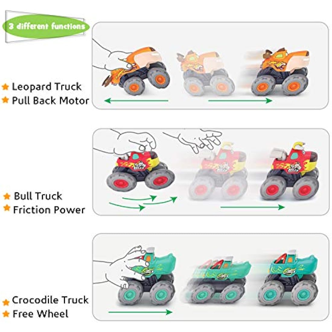 MOONTOY Monster Truck Toy Set - 3-Piece Friction Pull Back Cars for Toddlers