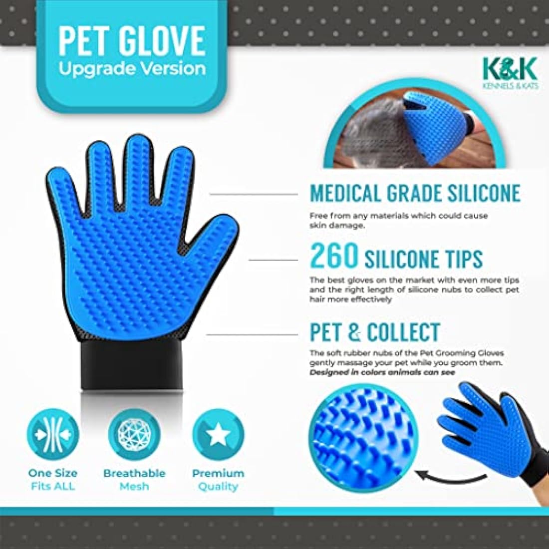 Kennels & Kats Pet Grooming Glove – 260 Silicone Tips De-shedding Mitt