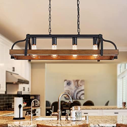 4-Light Pot Rack Chandelier – Rustic Wood Grain Kitchen Island